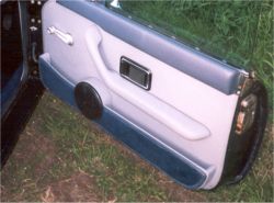 Grey leather door trim with blue capping