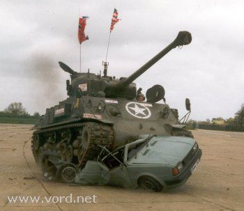 Skoda being crushed by Sherman tank