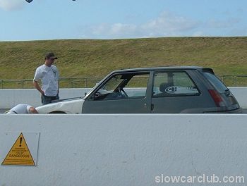 Renault 5 broken down on the drag strip